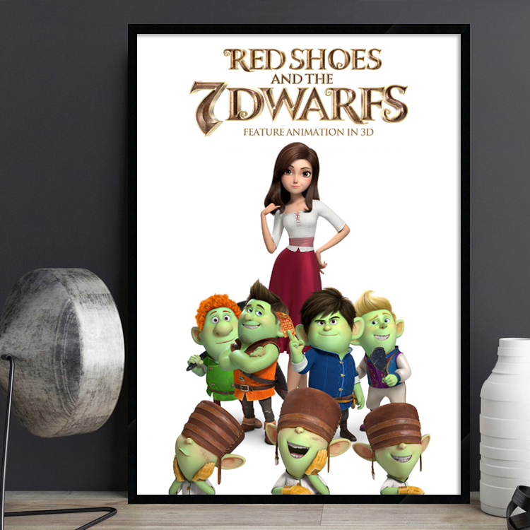 红鞋子和七个小矮人 电影海报装饰画动画卡通儿童房床头有框挂画