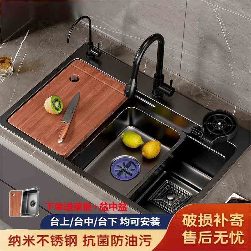 厨房纳米款水槽洗菜单槽阶梯式不锈钢手工洗碗池洗菜加厚全套