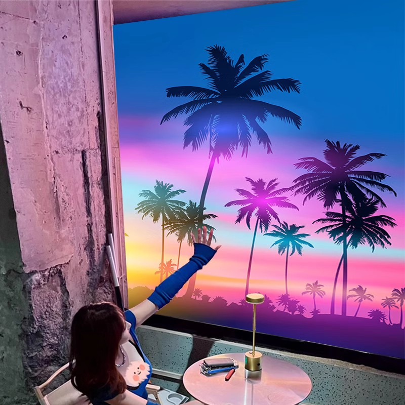 夕阳落日风景壁画酒吧餐厅椰树海边露营风壁纸夏威夷海滩风情墙纸