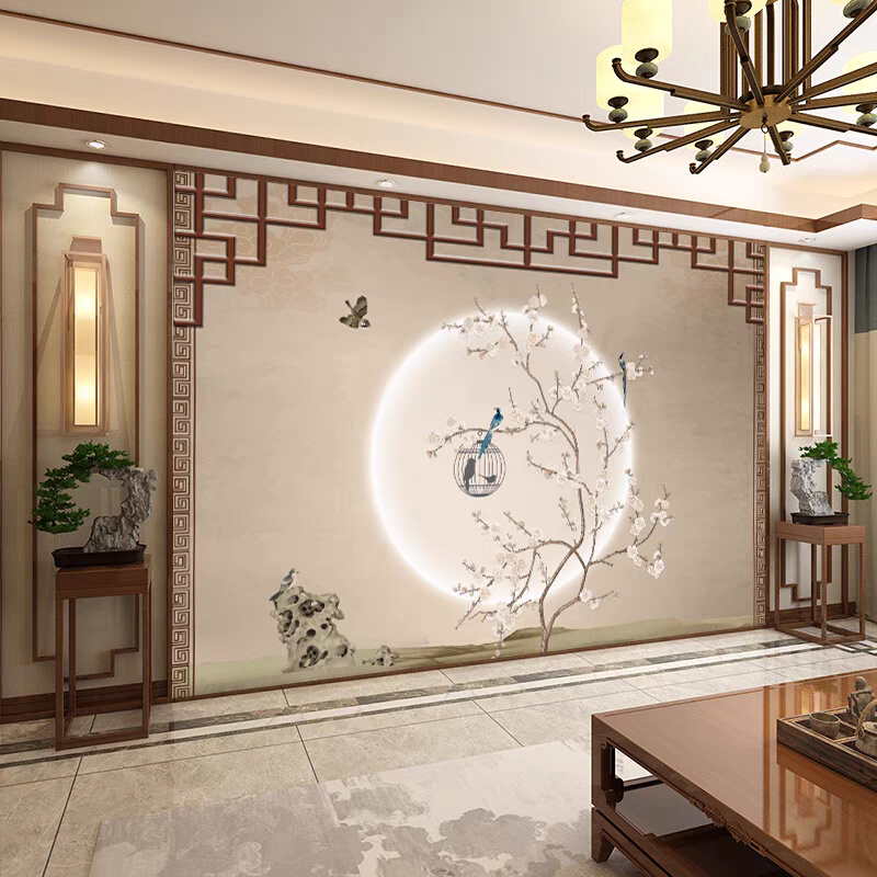 新中式意境圆月古风花鸟中国风3d茶室客厅卧室背景墙壁纸壁画墙布