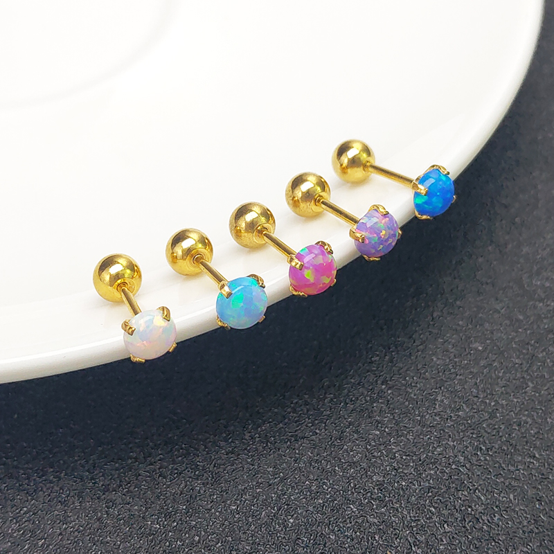 韩国opal欧泊半宝石钛钢耳钉细针小耳骨钉女欧珀奥宝螺纹穿刺耳环