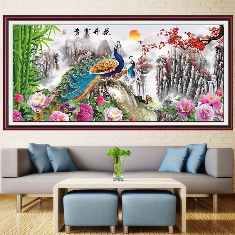 花开富贵壁画墙贴孔雀牡丹图自粘中式山水国画沙发背景客厅装饰画