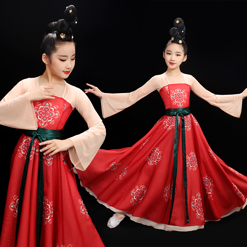 儿童古典舞演出服装合唱裙中国歌伴舞修身大摆裙开场舞蹈服唐印服