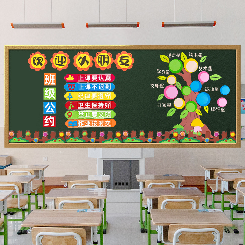 新学期开学教室布置黑板报装饰墙贴班级花约欢迎小朋友一年级环创
