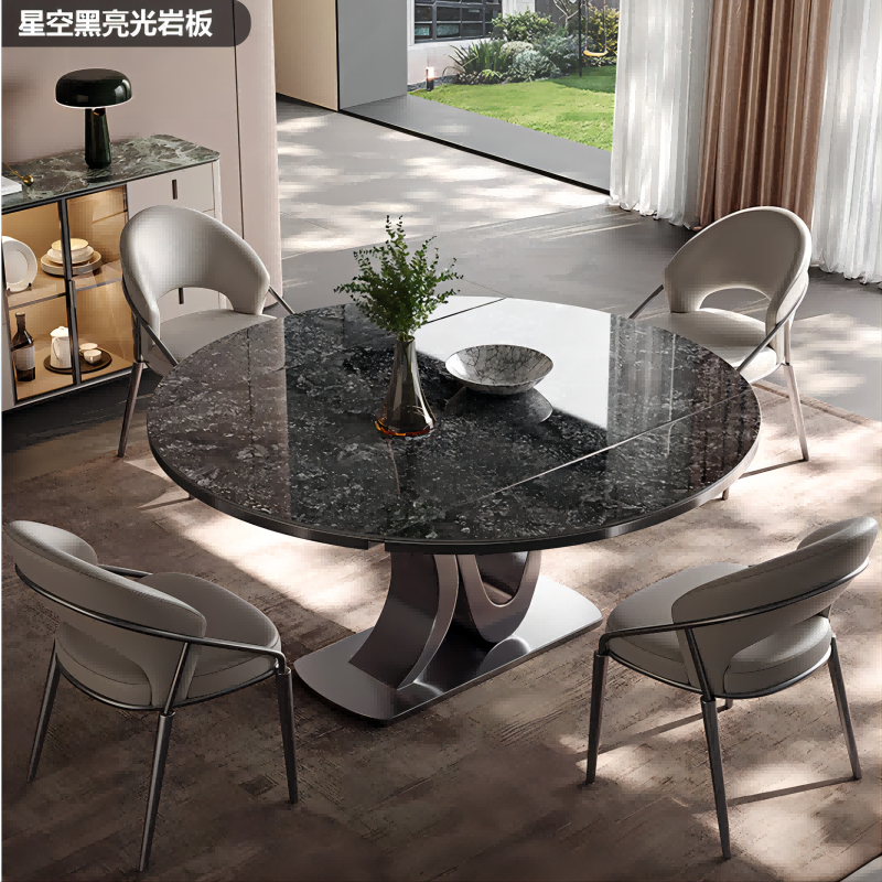 岩板餐桌不锈钢伸缩折叠方圆两用设计师家用小户型现代轻奢圆饭桌