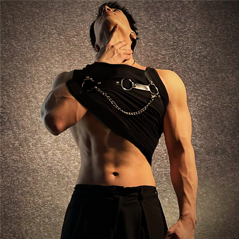 男士皮革绑带1S情趣演出舞台可调跳舞性感肌肉健身束缚胸衣身体链