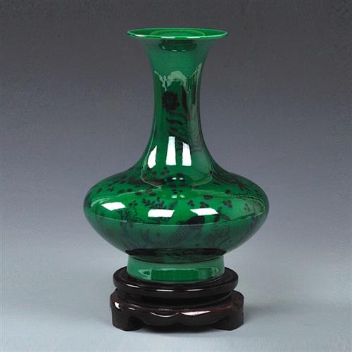 红圣 景德镇陶瓷翡翠绿家居花瓶摆件仿古花瓶青花瓷瓶双耳瓶中式