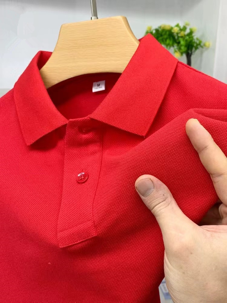 100%纯棉下摆开叉短袖T恤本命年大红色高端男士带翻领POLO衫上衣