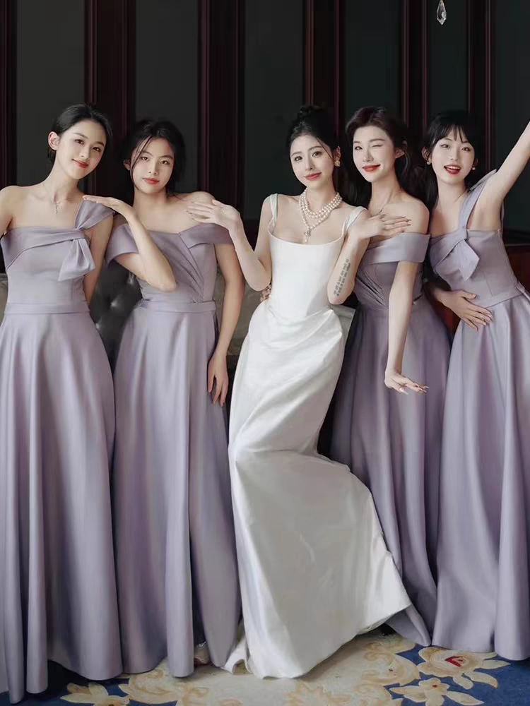 伴娘服缎面2024新款紫色高级小众法式仙气主持人成人姐妹团晚礼服