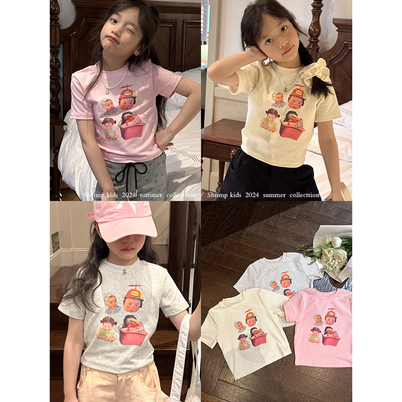 咸蛋小虾米韩国夏装女童卡通头像纯棉短袖T恤儿童女团风半袖上衣
