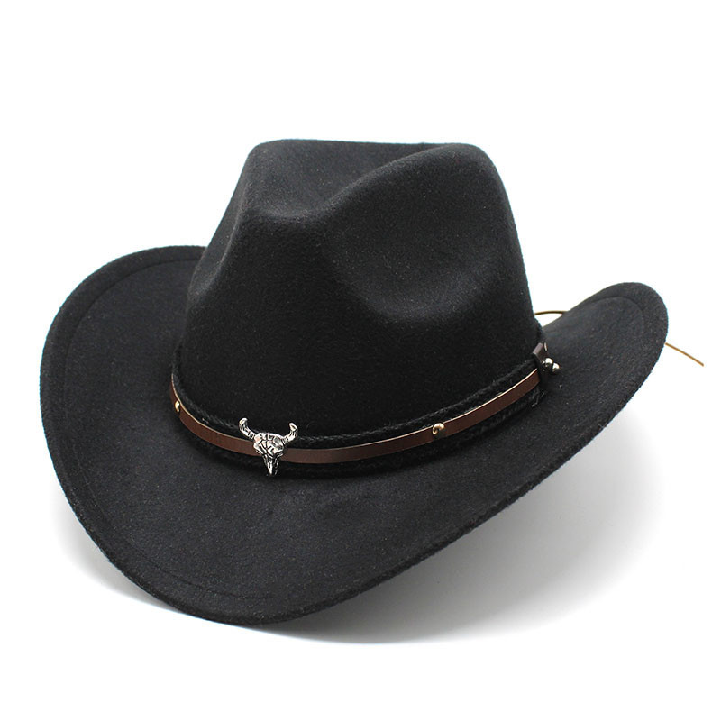 美国西部牛仔男帽黑色骑士帽男女骑马帽马术帽子金属牛头标礼帽
