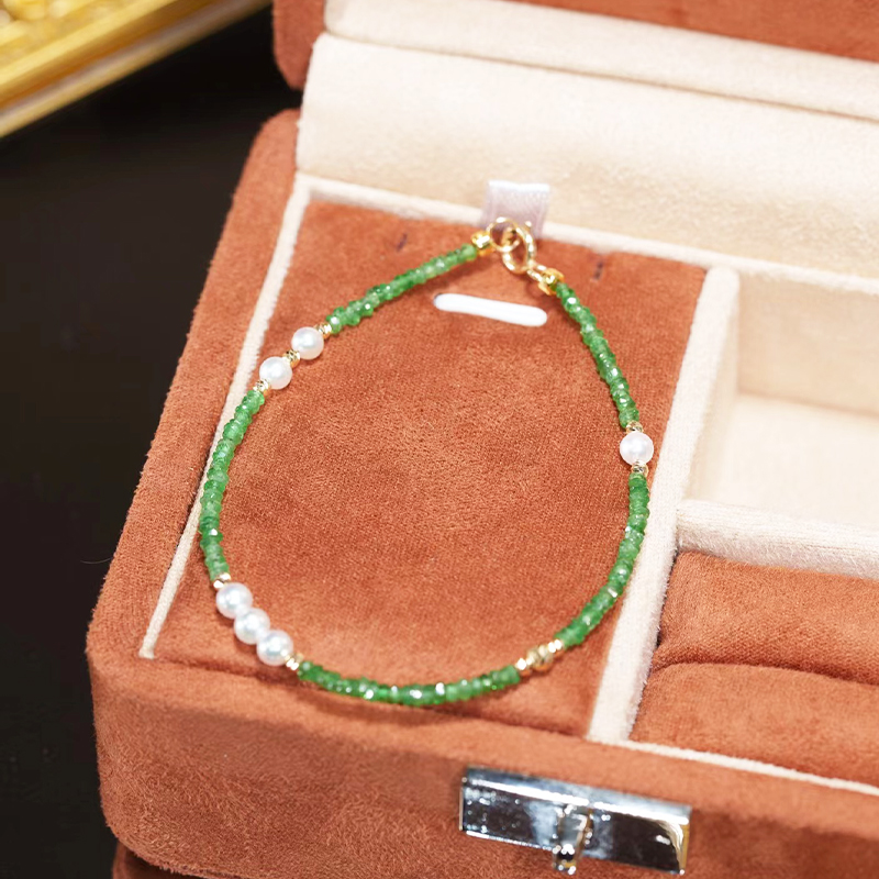 洛颗颗珍珠 设计款沙弗莱石极光淡水珍珠手链18k金小金球
