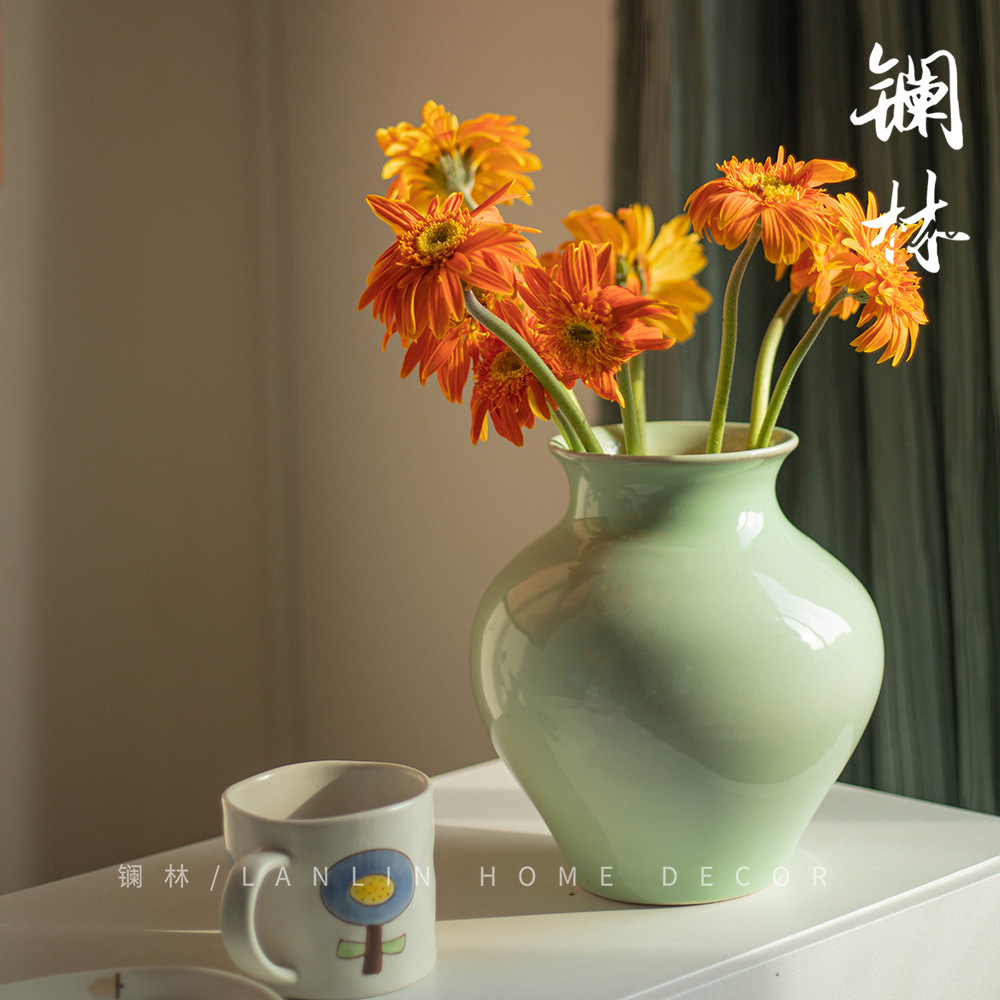 花瓶中古风客厅高级感摆件茶空间中式经典插鲜花水培罐子青瓷绿色
