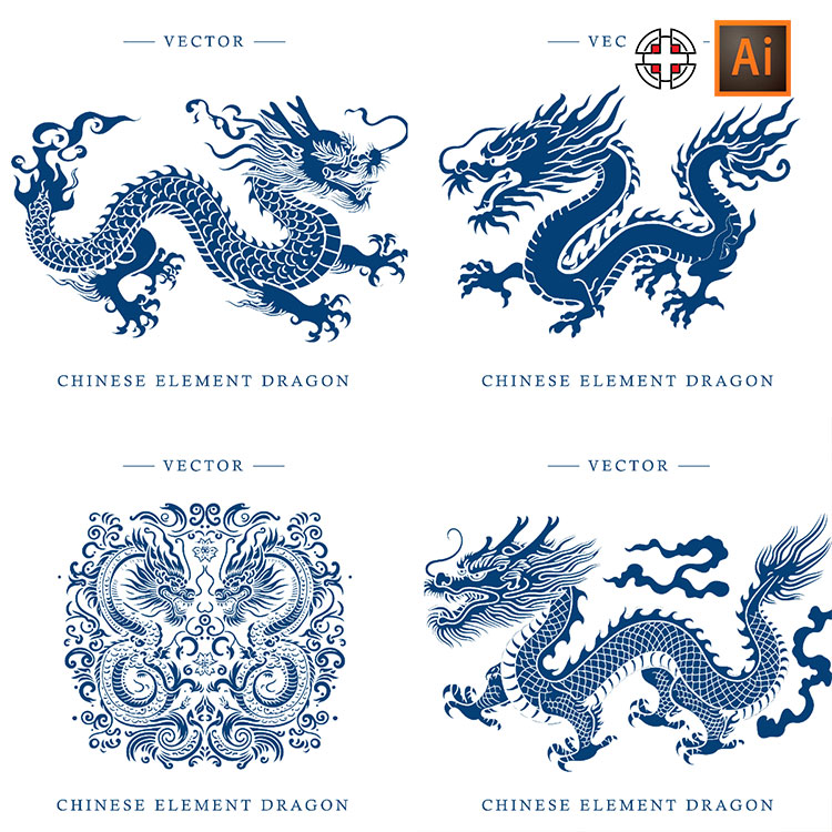 中国传统龙图案剪影雕刻路径AI矢量设计素材