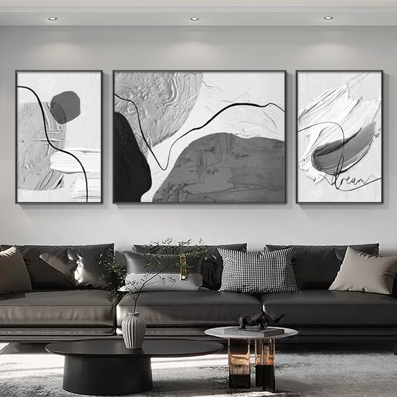 现代简约客厅装饰画黑白灰风格沙发背景墙挂画高级感抽象三联壁画