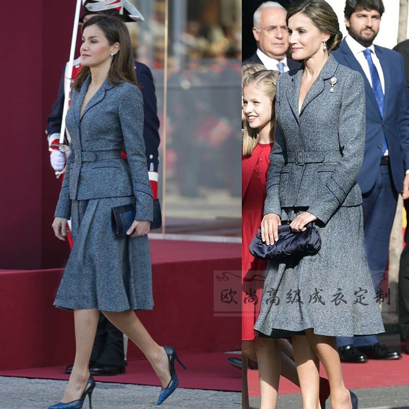 高端定制西班牙王后莱蒂齐亚同款灰色时尚OL毛呢套装女端庄大气冬