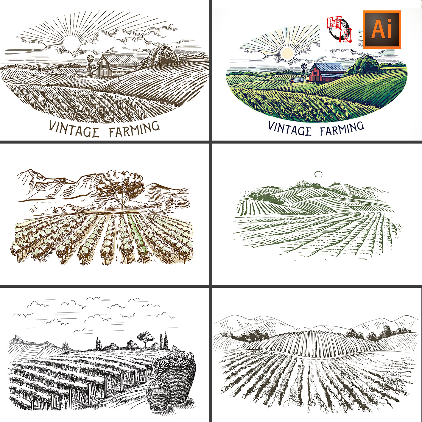 田野乡村农村农场农田麦田牧场产品包装素描插画AI矢量设计素材