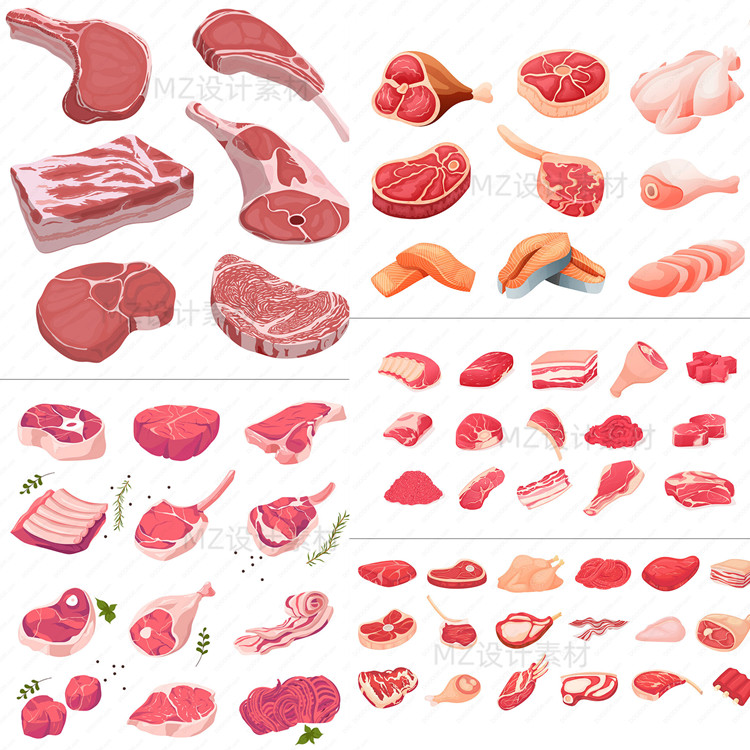 水彩手绘生鲜猪肉类排骨牛排鸡肉肋骨插画AI矢量图片插画设计素材