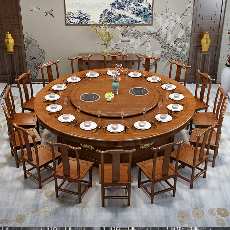酒店电动餐桌椅组合新中式实木大圆桌饭店包厢宴会12人20人火锅桌