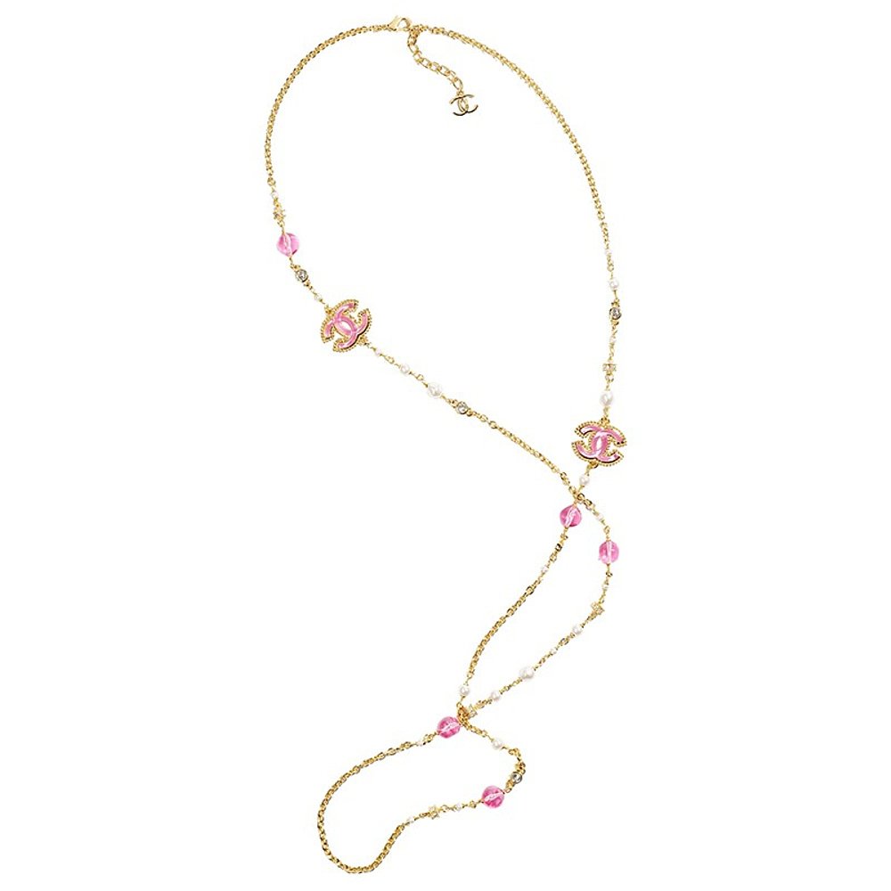 CHANEL/香奈儿24新款 女士金链粉红水钻与珍珠串项链
