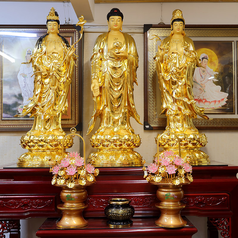 大型贴金西方三圣铜像黄铜观音佛像佛堂供奉阿弥陀佛接引像大势至