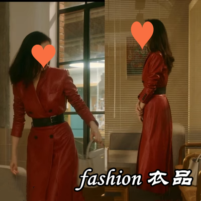 2023流金岁月倪妮朱锁锁同款春新款红色皮衣中长修身风衣外套女潮