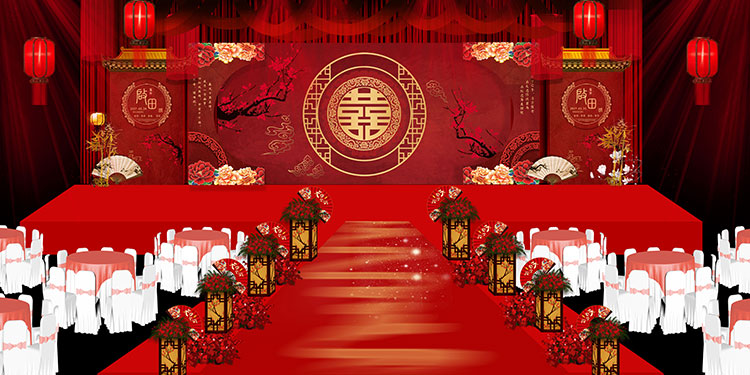 喜庆中式婚礼喜字红色灯笼高清LED大屏幕舞台背景虚拟静态图片