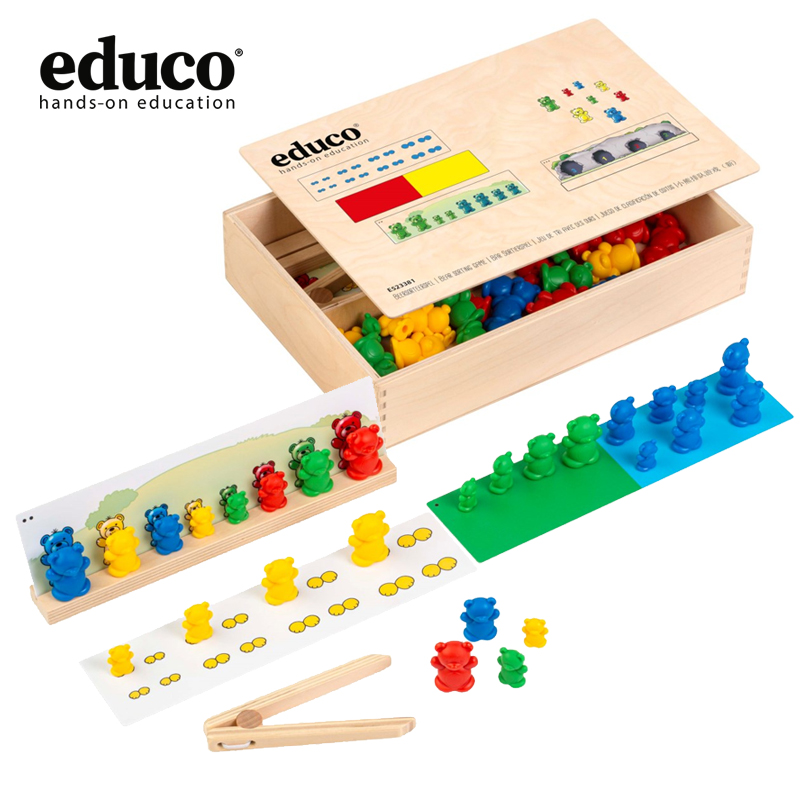 荷兰educo小熊排队游戏 宝宝数学教具数学玩具精细动作夹东西排列