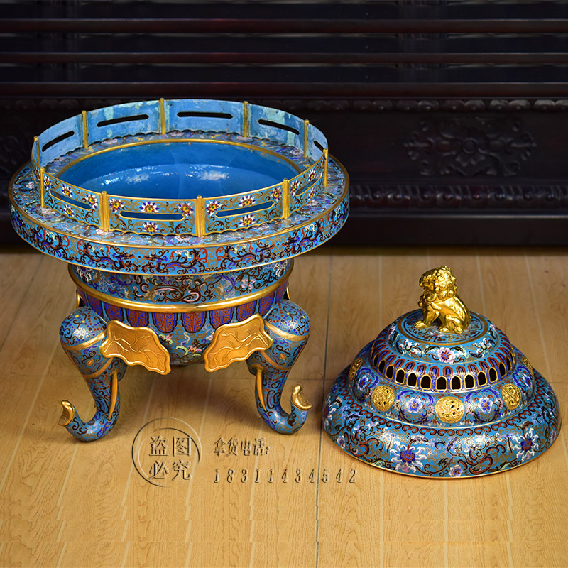 仿清代铜胎掐丝珐琅彩熏香炉北京景泰蓝铜香炉28寸象足狮顶盘沿炉