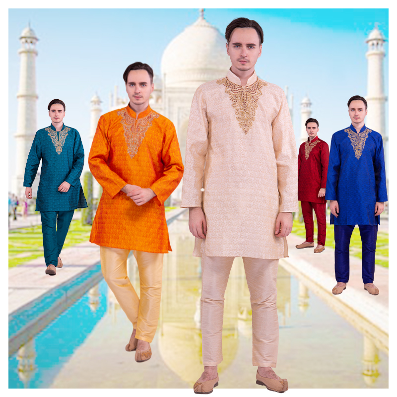 印度传统民族风丝绵透气服饰中长款薄款宽松长袖刺绣男士套装5色