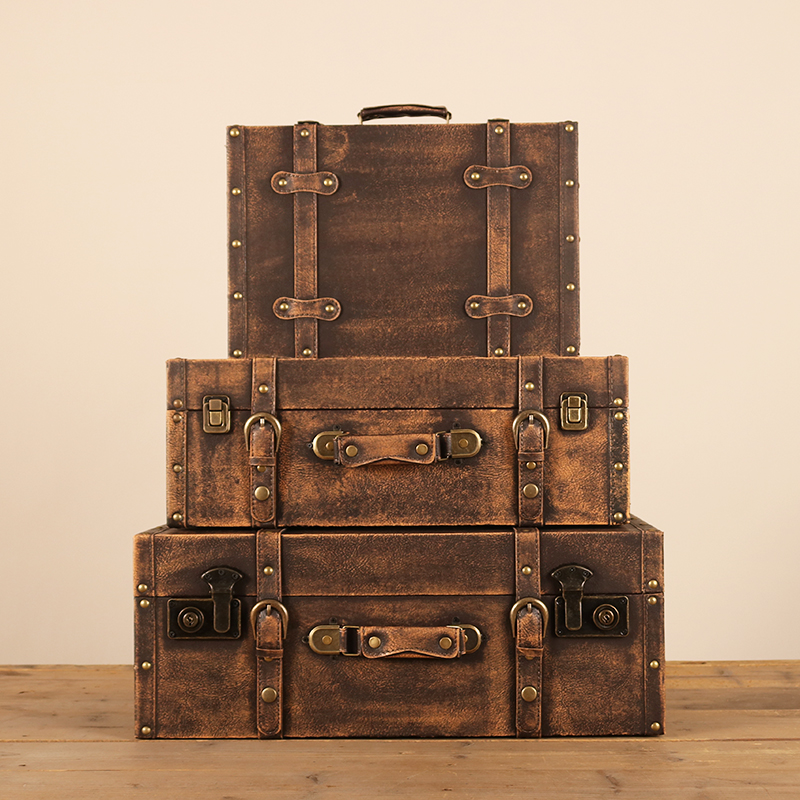 欧式怀旧复古手提箱储物木箱子衣服收纳箱老式皮箱旅行摄影道具箱