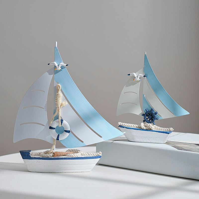 地中海帆船模型摆件木质做旧工艺船蓝白贝壳船家居装饰品礼品包邮