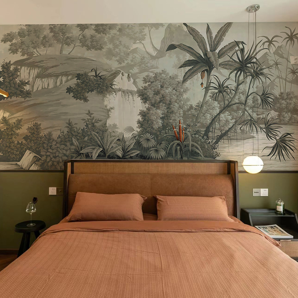无缝墙布个性定制壁画美式热带雨林手绘东南亚北欧风电视背景墙画