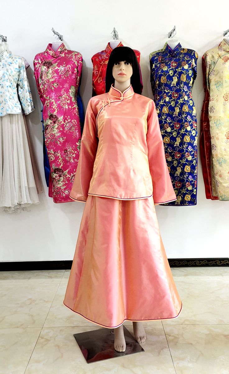橘黄纯色幻彩丝绸传统连袖精致古典大襟薄棉袄棉裙定做