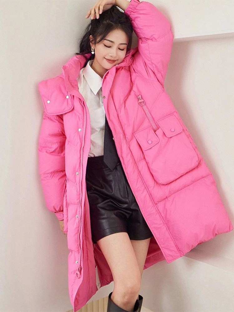 明星白鹿同款衣服粉红色羽绒棉服冬女款2022年新款中长款保暖外套
