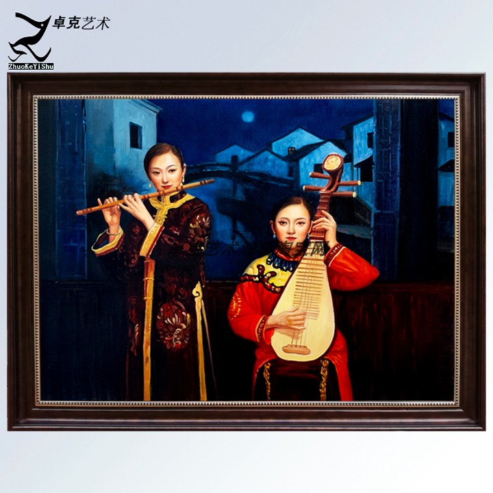 手绘东方古典两个美女演奏画江南油画新中式客厅方形有框装饰画
