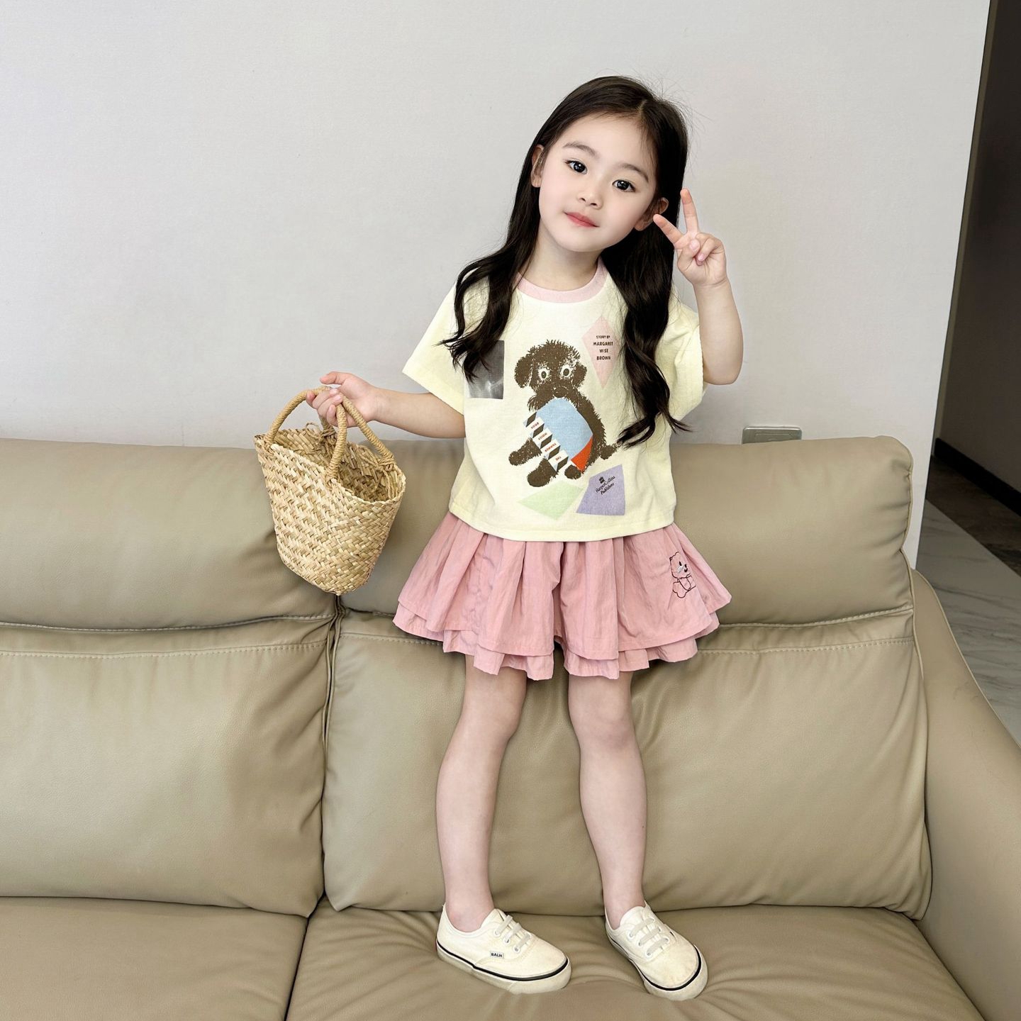 女童套装裙夏装2024新款韩版洋气儿童卡通短袖T恤百褶裙两件套潮