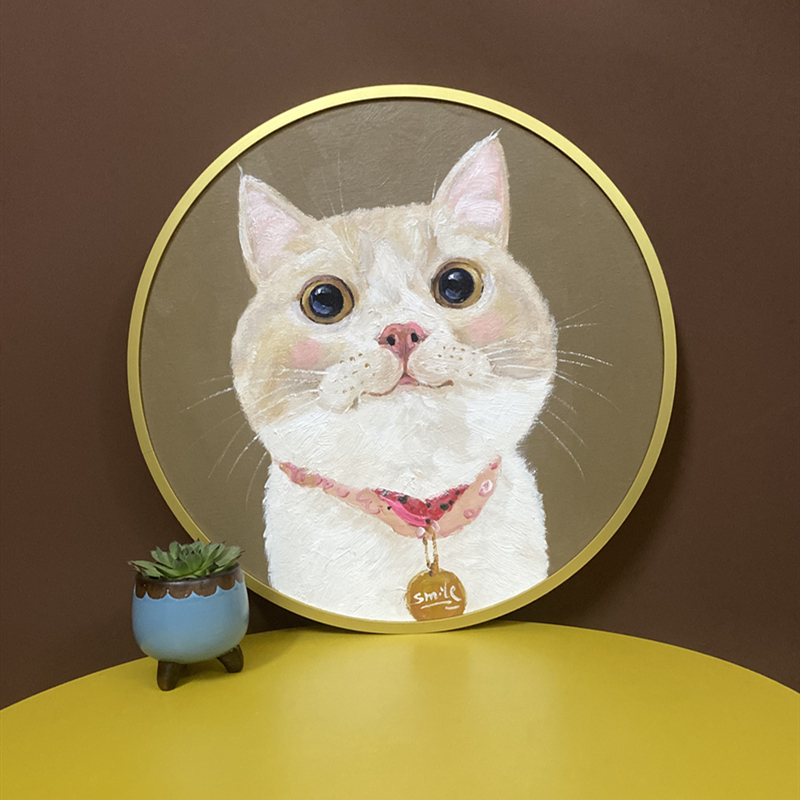可定制纯手绘动物油画微笑猫新作品玄关艺术挂画圆形热销简约风格