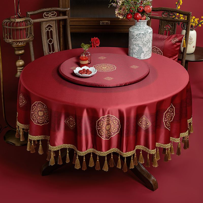 新中式圆桌布结婚红色圆形餐桌布防水喜字台布酒店喜庆装饰圆盖布