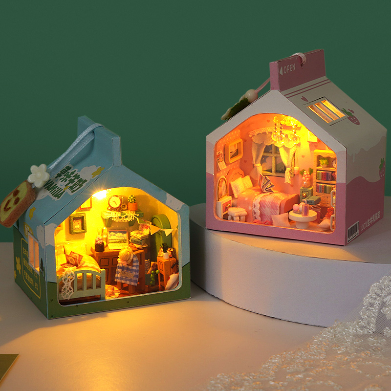 diy手工小屋牛奶盒夜灯拼装小房子微缩模型玩具六一儿童节礼物女