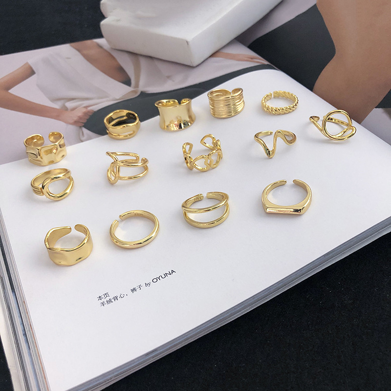 欧美个性金色复古戒指女925银高级感韩版学生简约开口食指环