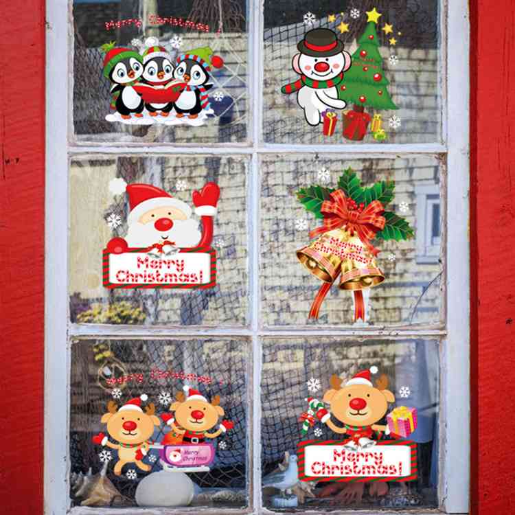卡通圣诞老人窗贴圣诞树麋鹿圣诞节新年墙贴客厅橱窗可移除贴画