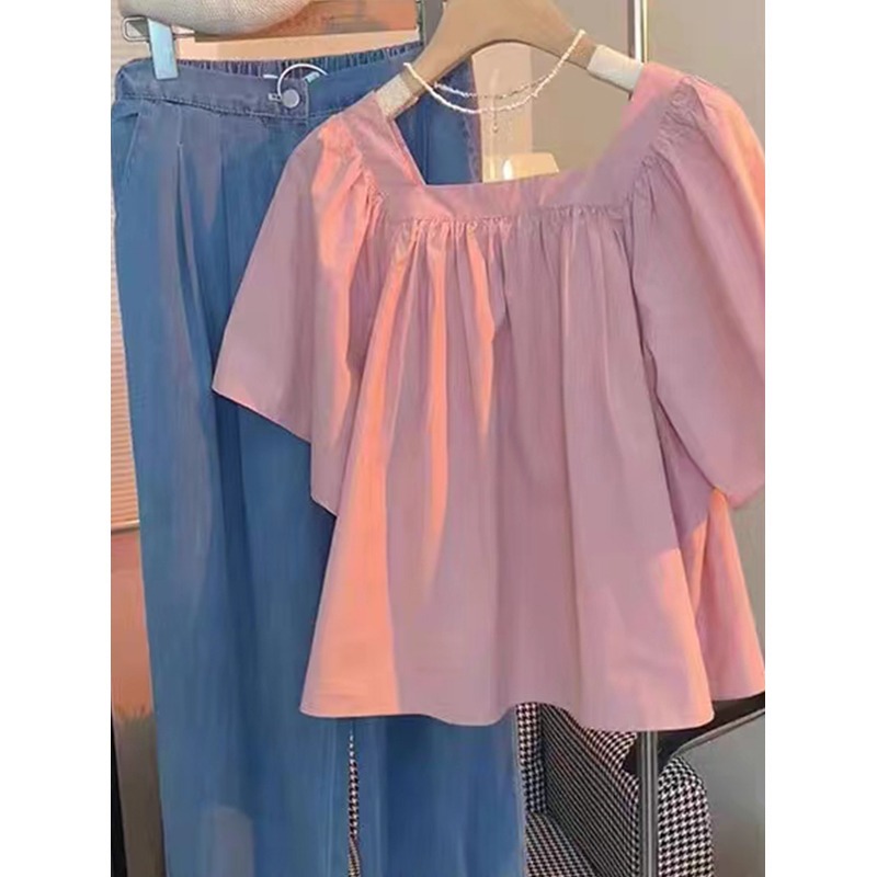 法式夏新款粉色方领减龄娃娃衫设计感宽松漂亮别致上衣短袖衬衫女