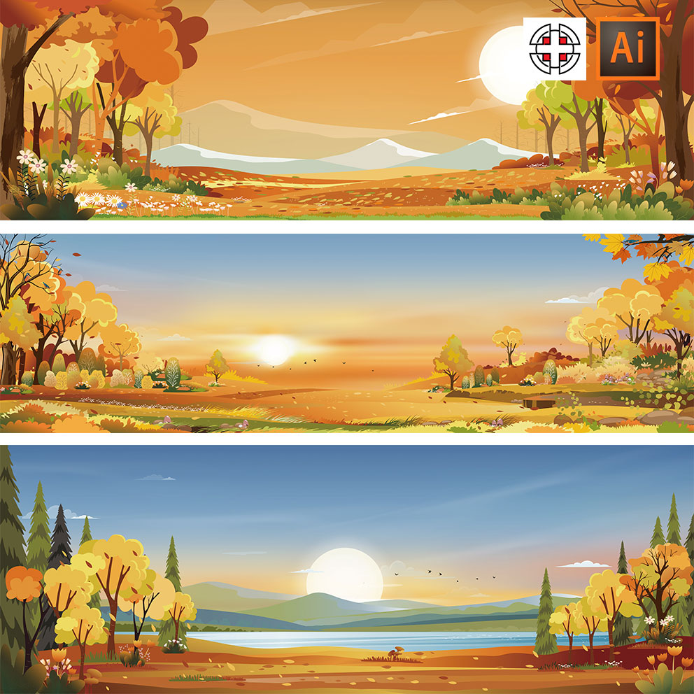 金色秋天秋季乡村树林枫叶落叶风景插画AI矢量设计素材