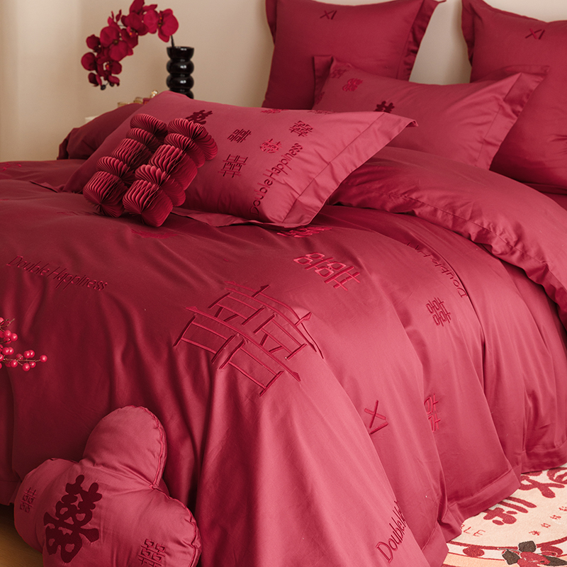 红色婚庆100S高支长绒棉四件套浪漫双喜刺绣被套全棉结婚床上用品