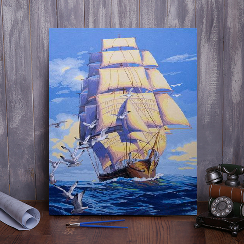 数字油画diy客厅风景大海帆船大幅手绘涂色填色diy手工画一帆风顺