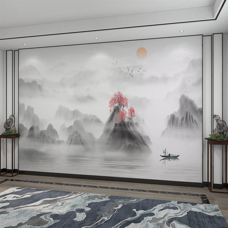 轻奢新中式电视背景墙壁纸客厅壁布水墨山水墙纸沙发墙布壁画2022