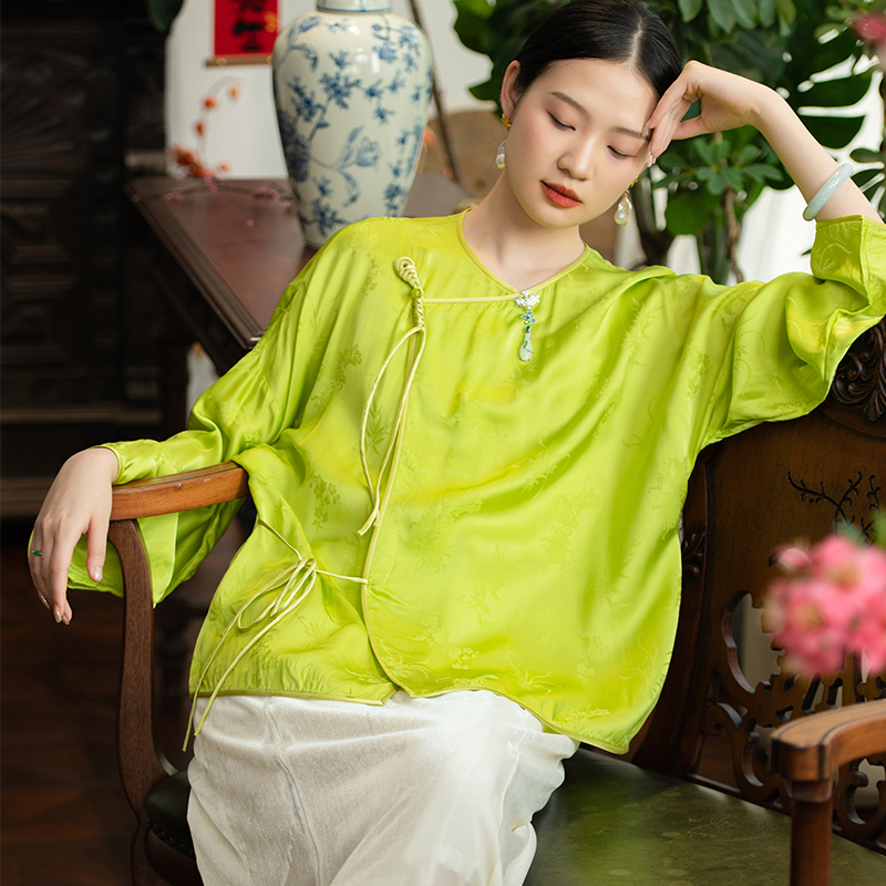 JCL1500荧光绿圆领中式小衫外披 复古唐装衬衣衬衫上衣新中式女装