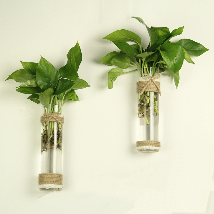 创意壁挂墙面麻绳玻璃转运竹花瓶绿萝花器现代简约家居装饰摆件