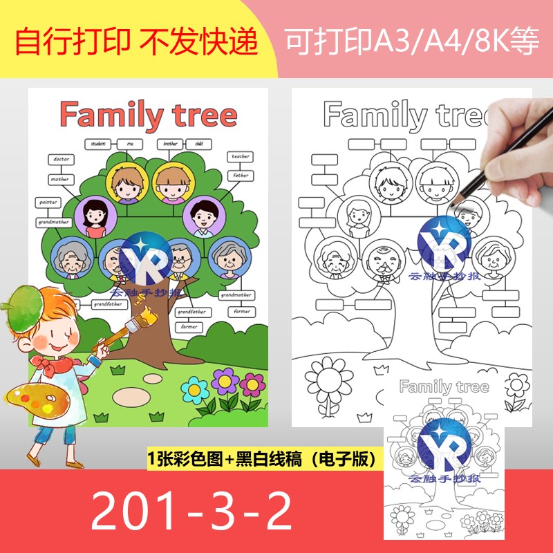 201-3-2Family tree家庭树2两个男孩三年级英语手抄报模板电子版